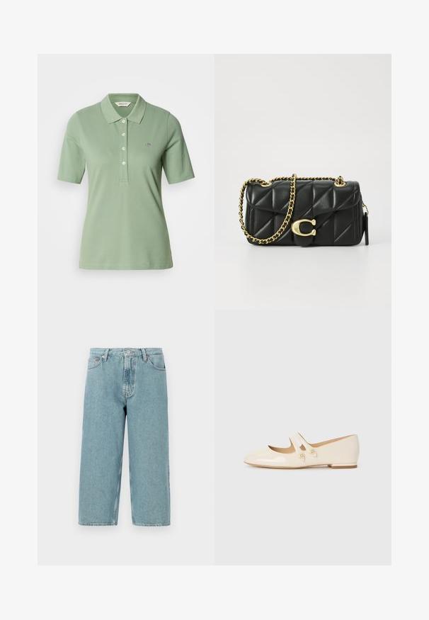 Zaļa kokvilnas polo krekls ar šauru piegriezumu, polo jaku, īsām piedurknēm un mazu izšūtu logotipu uz krūšu.; Gai zila džinsu šorti ar augstu jostasvietu, taisnu griezumu un neapstrādātu apakšējo malu. Ietver klasisku pogu un rāvējslēdzēja aizdari, četras kabatas.; Ivoza patenta ādas baleta kurpes ar divām dekoratīvām jostām un zelta pogām, ar noapaļotu pirkstu un zemu blokveida papēdi.; Melnas, quiltotas ādas rokassomiņa ar zelta ķēdes siksnu un slēgšanu ar cilpu, kas ir aprīkota ar apaļu akcentu. Kompakta, taisnstūra forma.