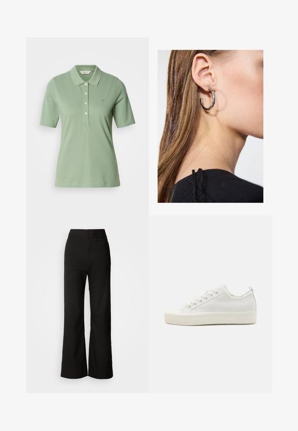 Groene poloshirt van katoen met een slim fit, polokraag, korte mouwen en een klein geborduurd logo op de borst.; Zwarte wijde broek met een gladde textuur, hoge taille en een strakke uitstraling. Geen zichtbare zakken of versieringen.; Witte canvas sneakers met een gestructureerde bovenkant, ronde neuskap, platte zool en vetersluiting. Voorzien van een iets rafelig kraag en een trekhaak.; Zilveren oorbel met een gepolijste afwerking, met kleine gouden accentdetails en een ronde vorm, gedragen op de oorlel.