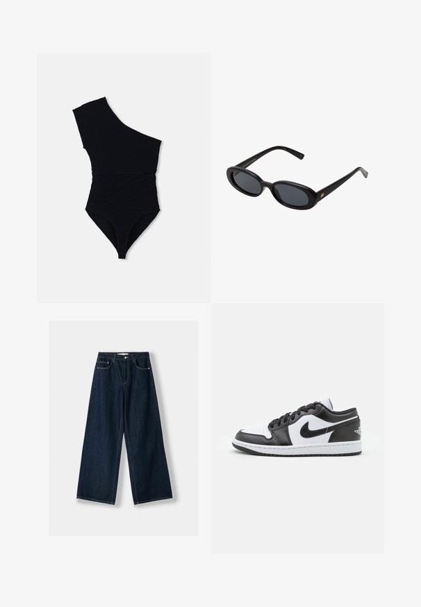 Zwarte zwemoverall met een schouderontwerp, textuur ribbelstof, hoge uitsnijdingen bij de benen en een aansluitende silhouet.; Donkerblauwe, wijde spijkerbroek van denim. Beschikt over vijf zakken, een knoop- en ritssluiting, en contrasterende stiksels.; Zwart-witte Nike lage sneakers hebben een glad leren bovenwerk, een ronde neus, vetersluiting en een gestippelde rubberen zool.; Zwarte oversized zonnebril met ovale lenzen, een glad plastic montuur en gouden accenten op de pootjes. Donkere lenzen bieden bescherming tegen de zon.
