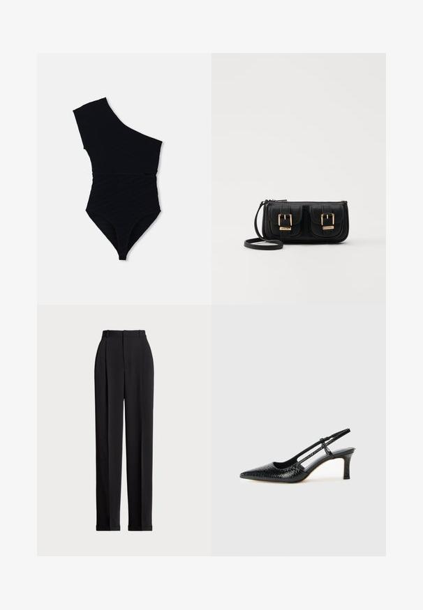 Melnas viengabala peldkostīms ar vienu plecu, fakturētu ribotu audumu, augstiem griezumiem kājās un pieguļošu siluetu.; Melnas piegriezuma bikses ar augstu jostasvietu, priekšā ar krokām, taisna kāju dizains un ar aprocēm. Izgatavotas no gludas auduma.; Melna patent āda ar slīdošo papēdi un smailo purngalu, ar teksturētu čūsku drukājumu, regulējamu siksniņu un īsu teksturētu blokpapēdi.; Melnas ādas crossbody soma ar divām priekšējām kabatām, zelta sprādzēm, ar rāvējslēdzēju aizdari un šauru siksnu. Strukturēta virsma un kompakta taisnstūra forma.