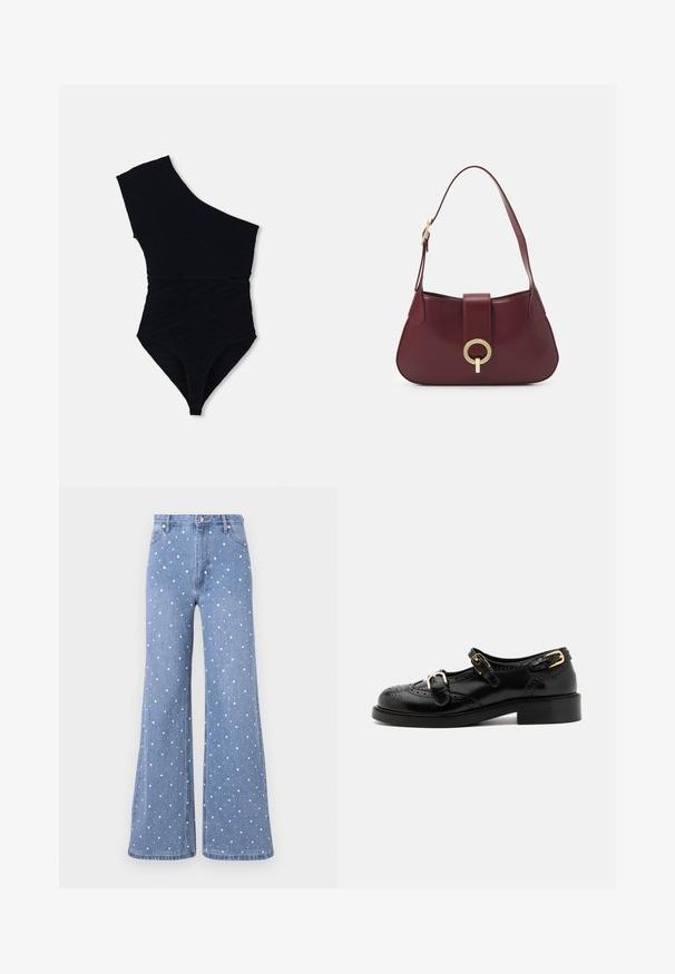 Zwarte zwemoverall met een schouderontwerp, textuur ribbelstof, hoge uitsnijdingen bij de benen en een aansluitende silhouet.; Lichtblauwe flared jeans met een gestippeld patroon van witte en zilveren studs, voorzien van een standaard tailleband en een sluiting met voorknop.; Zwarte leren schoenen met brogue-details, voorzien van twee gespsluitingen, een ronde neus en een lage hak. Glad oppervlak met een glanzende afwerking.; Bordeaux leren handtas met een gebogen vorm, een gouden cirkelvormige hardware accent en een enkele schouderband. Zachte textuur, minimalistisch ontwerp.