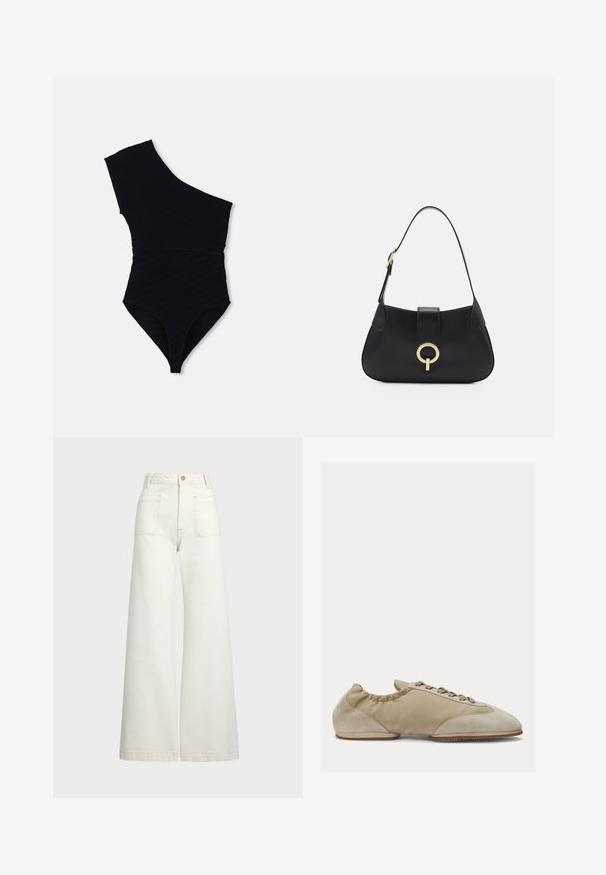 Svart ensfarget badedrakt med én skulderdesign, strukturert ribbet stoff, høyt skårede ben og en figurnær silhuett.; Vidde bukser i off-white denim. Høyt liv-design med knappelukking, to frontlommer og kontrastsøm detaljer.; Beige myk semsket skinn og tekstil sko med rund tå, elastisk krage og flat gummisåle. Har dekorative lisser for justering.; Svart lærveske med en buet silhuett, kort stropp, sentral hardware i gulltone og glatt tekstur. Ingen synlige mønstre eller aksenter.