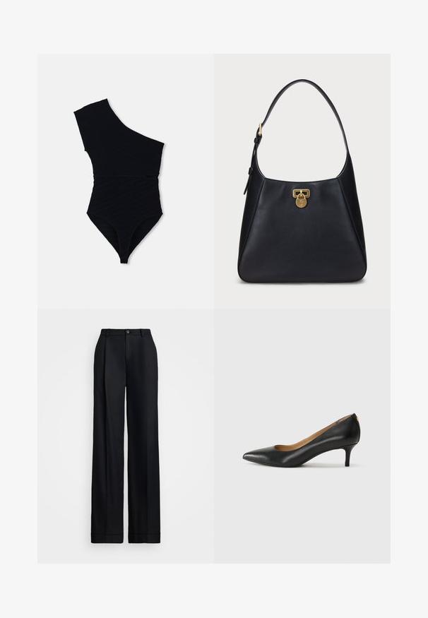 Crni jednodijelni kupaći kostim s dizajnom na jedno rame, teksturiranom rebrastom tkaninom, visokim izrezom na nogama i prilagođenom siluetom.; Crne široke hlače s glatkom završnom obradom, ravnim prednjim dijelom, petljama za pojas i jednim dugmetom za zatvaranje u struku.; Crne kožne cipele s uskim vrhom, niskom petom i glatkom teksturom. Imaju blago otvaranje sprijeda i minimalne metalne detalje straga.; Crna kožna torba za rame s zakrivljenim dizajnom, opremljena zlatnom kopčom i zaobljenim remenom. Glatka textura s minimalnim naglascima.