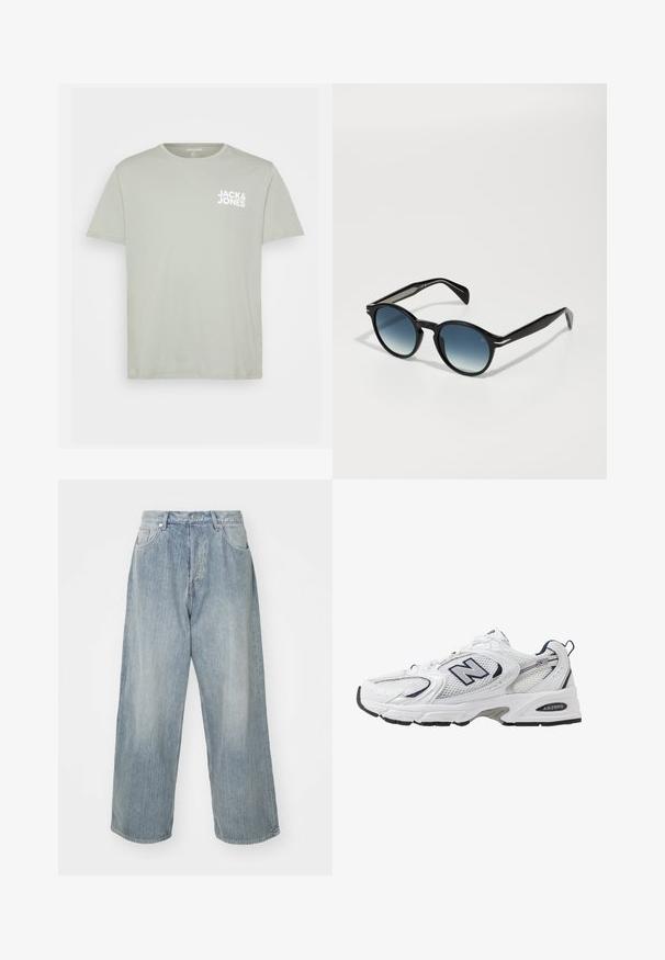 Krátký rukáv, světle zelené bavlněné tričko s kulatým výstřihem a bílým logem "JACK & JONES" potisknutým na levé straně hrudi.; Světlé modré džíny z denimu s volným střihem, vysokým pasem, pěti kapsami a kontrastním šitím. Mají rovný střih nohavic a čisté lemy.; Bílé sportovní boty s textilním svrškem, námořnickými akcenty a polstrovanou podrážkou. Obsahují logo "N", tkaničky a texturovaný detail na boku.; Černé sluneční brýle oválného tvaru, s gradientními modrými skly a štíhlými stranami, které mají výrazné stříbrné akcenty. Hladký povrch po celém obvodu.