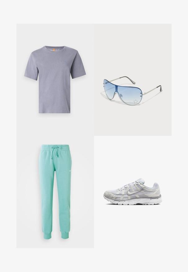 Kortærmet t-shirt i lysegrå stof med rund halsudskæring. Har et lille broderet logo på brystet. Blød og glat tekstur.; Mintgrønne sweatpants med elastisk talje, snoretræk og ribstrikkede manchetter. Har et lille hvidt Nike-logo på venstre lår.; Lys grå atletik sko med en overdel i mesh og syntetiske materialer, der har snørebånd, polstret krave og struktureret sål for godt greb.; Aviator-solbriller med gradient blå linser, sølvmetalramme og dekorative stjerneakcenter på linserne. Glat og strømlinet design.