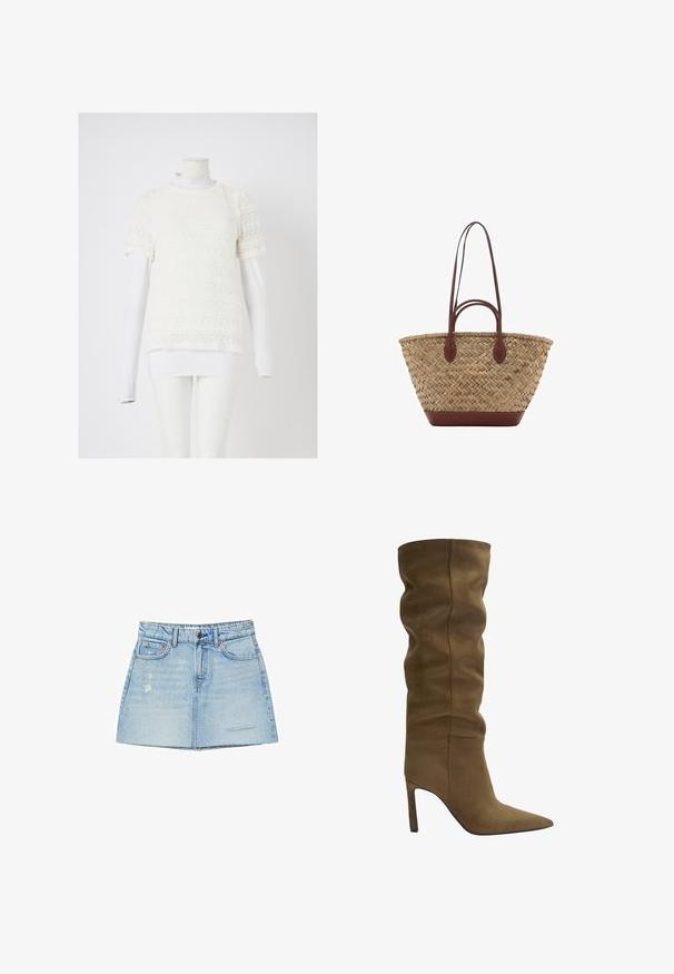 Vit spetsblus med korta ärmar och intrikata mönster, lager på lager över en figurnära långärmad vit skjorta, visad på en mannekäng.; Ljusblå denimkjol med en lätt A-linjeform, fransad nederkant och bleka accenter. Har bältesöglor och framfickor.; Olivgrön mocka knähög stövel med spetsig tå, slapp överdel och stilettklack, med synliga sömdetaljer.; Vävd halmstorpåse med flätad textur, mörkbruna läderhandtag och botten, vid cirkulär form och öppen design.