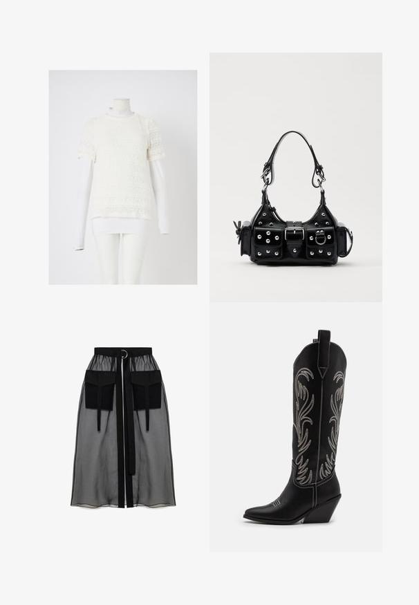 Vit spetsblus med korta ärmar och intrikata mönster, lager på lager över en figurnära långärmad vit skjorta, visad på en mannekäng.; Svart genomskinlig kjol med en rynkad midja, utrustad med två stora framfickor, ett midjesnöre och en cirkulär metallaccent.; Svarta lädercowboystövlar med spetsiga tår, kilklackar och silverbroderade blommönster längs skaftet. Kontraststickning genom hela stöveln.; Svart läderhandväska med en kurvad design, prydd med silverfärgade nitar, ett spänne och två sidofickor. Justerbar rem för olika bäralternativ.