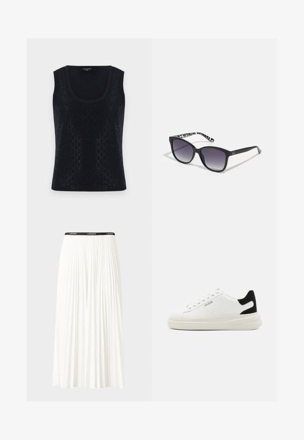 Melnā bezpiedurkņu blūze ar apaļu kakla izgriezumu, kurai ir teksturēta raksta mazi ģeometriski veidoli un smalka spīduma. Audums ir viegls un gluds.; Gari plānas baltas svārku ar melnu elastīgu jostu, uz kuras redzams "LACOSTE" logo. Vidēja garuma dizains ar mīkstu tekstūru.; Baltas ādas sporta apavi ar biezu balto zoli, melna zamša uzpura un izspiestais logotips sānos. Šņorējuma dizains ar sešiem acu caurumiem.; Melni saulesbrilles ar gradienta lēcām, kvadrātveida forma un teksturēta melnbalta raksta kājiņas. Iekļauts sudraba logotipa akcenti.