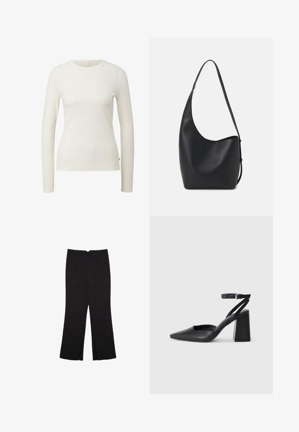 Top a maniche lunghe, a coste, di colore bianco sporco. Presenta un collo rotondo e una vestibilità slim. Tessuto morbido con cuciture minime. L'etichetta mostra la taglia 'S'.; Pantaloni neri a gamba dritta, con tasche frontali e spacchi laterali all'orlo. Realizzati in tessuto morbido e liscio. Adatti a diverse occasioni.; Pump in pelle nera con punta affusolata, cinturino alla caviglia e tacco spesso. Texture piatta, design elegante ed estetica minimalista.; Borsa hobo nera in pelle con una superficie liscia, forma curvata e una singola tracolla regolabile; presenta un'ampia apertura nella parte superiore.