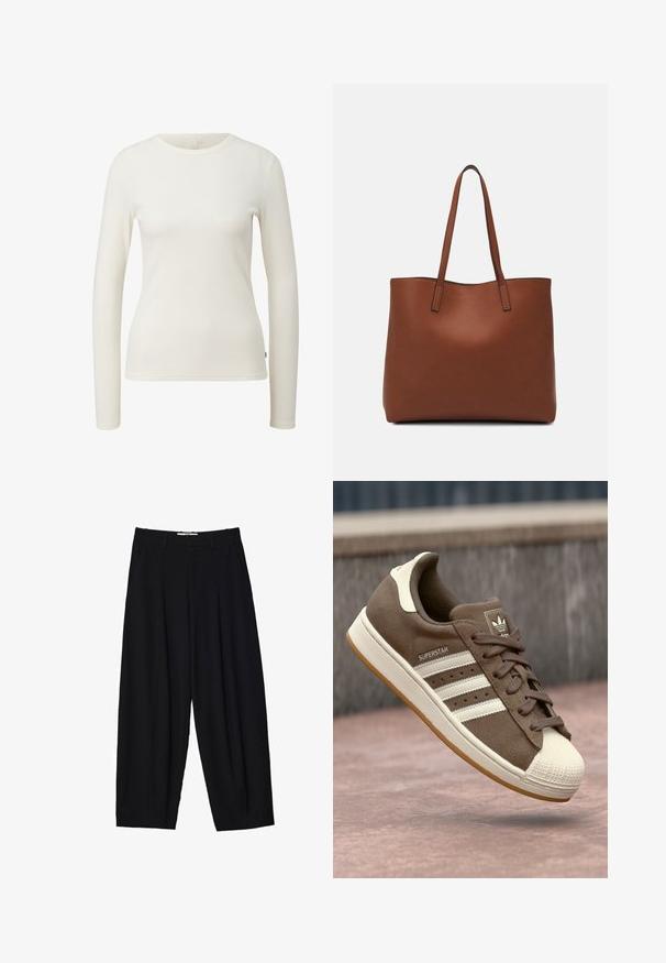 Lange mouwen, geribbelde top in gebroken wit. Heeft een ronde halslijn en een slim fit. Zachte textuur met minimalistische naden. Etiket toont maat 'S'.; Zwarte wijde broek van lichtgewicht stof, met voorplooien, een klassieke tailleband en zijzakken. Soepele textuur.; Bruine suède sneakers met witte strepen, crème accenten en een rubberen shellneus. Voorzien van een vetersluiting en een textuur van gumzool.; Bruine leren tote bag met een gladde textuur, een ontwerp met een open bovenkant en twee schouderbanden. Kenmerkt zich door minimale stiksels en geen zichtbare hardware.