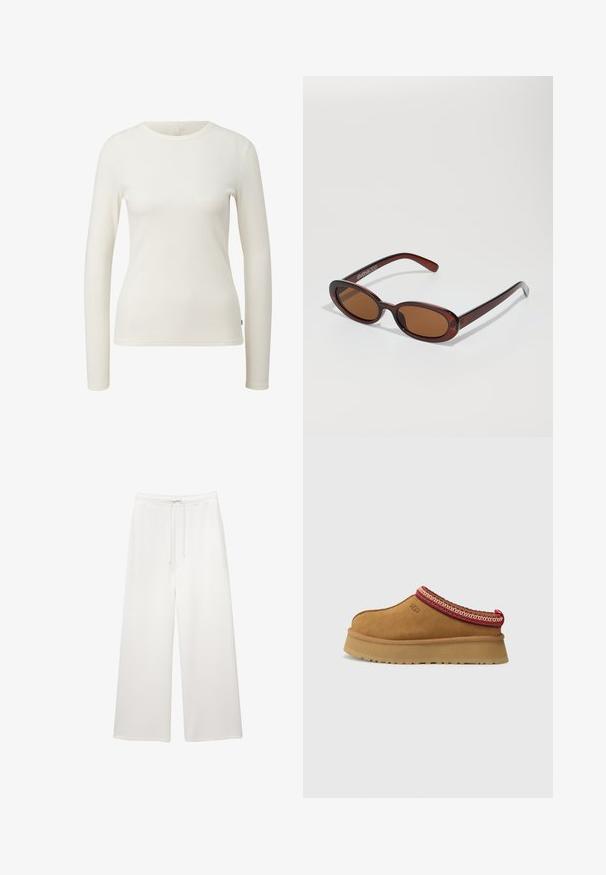 Haut à manches longues côtelé en blanc cassé. Présente un col rond et une coupe ajustée. Texture douce avec des coutures minimalistes. L'étiquette indique la taille 'S'.; Pantalons larges blancs amples avec taille élastique et cordon de serrage, conçus pour un look décontracté.; Chaussure slip-on en daim marron avec un bord en rouge et crème à motifs, semelle texturée et logo UGG sur le côté. Présente une légère hauteur de plateforme.; Lunettes de soleil rondes teinte brun avec une monture bordeaux brillante. Branches fines avec un détail de marque subtil. Design de verres plats.; Sac à main en cuir tissé marron avec une forme triangulaire et souple. Il possède une poignée tressée et une fermeture éclair sur le dessus.