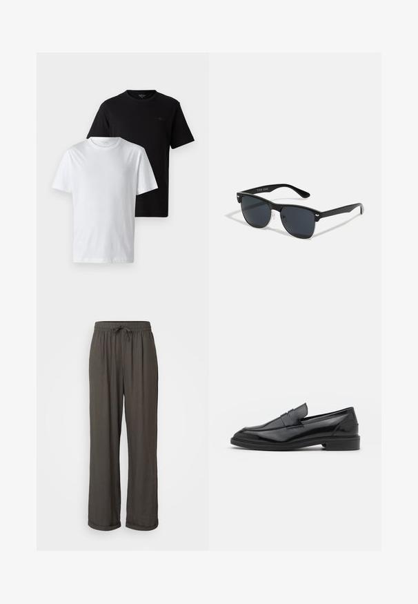 Dve majice so prikazane, ena črna in ena bela. Obe imata zasnovo s krožnim ovratnikom in majhen logotip na prsih, narejeni so iz bombažnega materiala.; Temno siva široka hlače z elastičnim pasom, izdelane iz mehke, strukturirane tkanine, z zavihanimi manšetami na gležnjih.; Črne usnjene loafersice z gladko površino, s zaobljenim prstom in ozkim pasom čez zgornji del. Nizek zložen petek.; Črne sončne naočare pravokotne oblike, temna leča, srebrni detajli na ušesih in mat površina na okvirju.