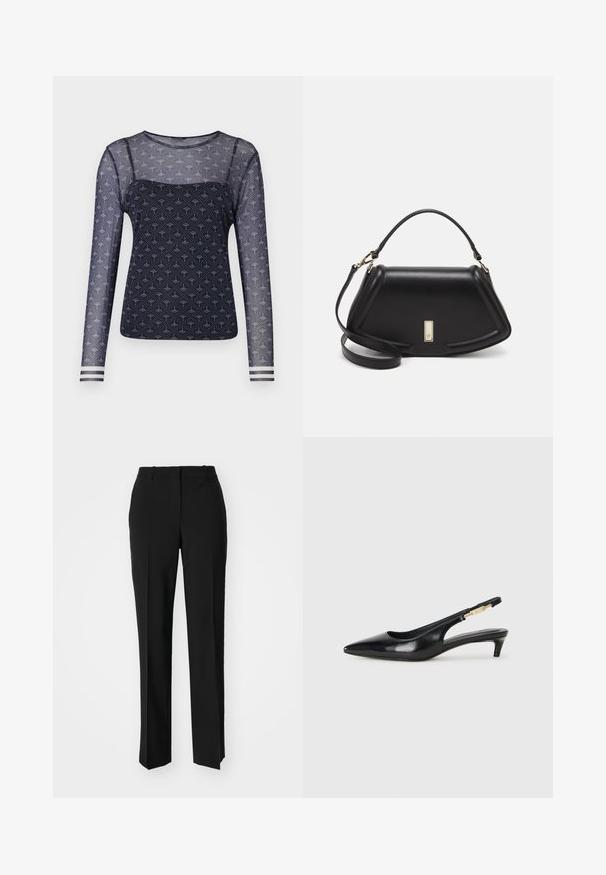 Long-sleeved top in navy mesh with a patterned design featuring light blue accents. Soft texture with striped cuffs at the wrists.; Black tailored trousers with a straight-leg design, featuring a smooth texture and crisp creases along the front. No visible hardware.; Black leather slingback heels with a pointed toe, featuring a slim heel and a gold-tone accent on the adjustable strap. Smooth texture.; Black leather handbag with a structured design, featuring a cropped shape, top handle, and gold hardware accent. Adjustable shoulder strap included.