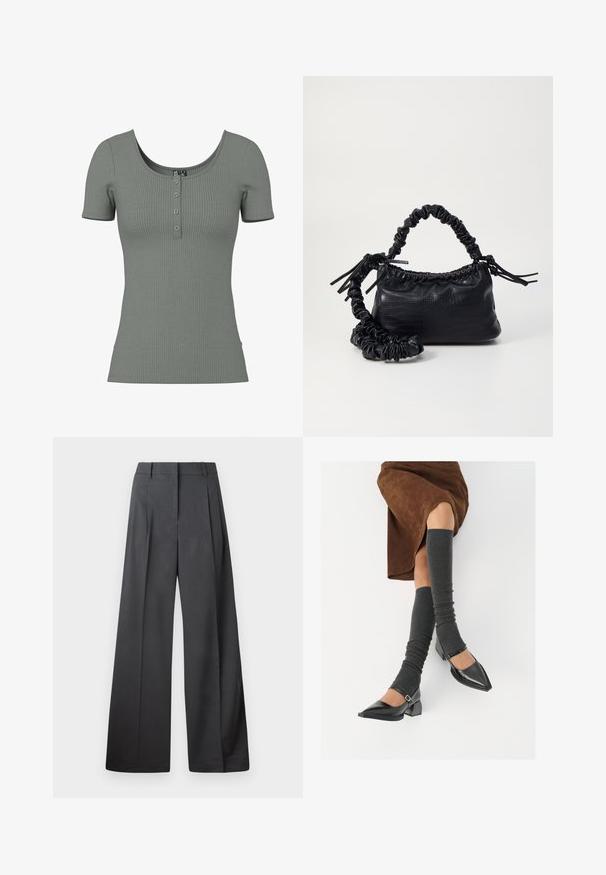 Top verde de manga curta com bolso redondo e pala de três botões. Textura suave e forma justa; detalhe de riscas horizontais sutis.; Calças de perna larga em tecido cinza escuro, apresentando uma cintura alta, pregas simples e uma textura suave com um acabamento limpo nas bainhas.; Sapatos pretos de pele lacada com biqueira pontuda, salto bloco e tiras no tornozelo, combinados com caneleiras cinzas em malha e uma saia de camurça castanha.; Bolsa de mão em couro sintético preto com textura de crocodilo, topo franzido e alça enrugada. Apresenta um design suave e compacto.