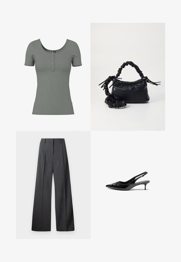 Green ribbed short-sleeve top with a scoop neckline and three-button placket. Soft texture and fitted shape; subtle horizontal ribbing detail.; Wide-leg trousers in dark gray fabric, featuring a high waist, single pleats, and a smooth texture with a clean finish at the hems.; Black leather slingback heels with a pointed toe, small kitten heel, and a decorative knot detail on the front. Smooth texture throughout.; Black faux leather handbag with a crocodile texture, cinched top, and a scrunched strap. Appears soft and compact in design.
