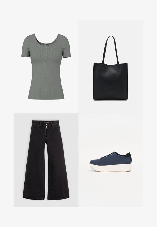Top scurt cu mânecă scurtă, de culoare verde, cu decolteu rotund și plastron cu trei nasturi. Textură moale și croială ajustată; detaliu subtil de dungi orizontale.; Jeans cu picioare largi din denim negru, cu fermoar în față, design cu cinci buzunare și detalii subtile de cusătură. Textură netedă și stil casual.; Sneaker albastru închis, cu un material texturat pe partea superioară, talpă platformă albă, vârf rotunjit și accent de călcâi negru. Dispune de șase găuri pentru șireturi.; Geantă tote neagră din piele, cu textură netedă, formă rectangulară și două mânere lungi. Fără hardware vizibil sau ornamente.