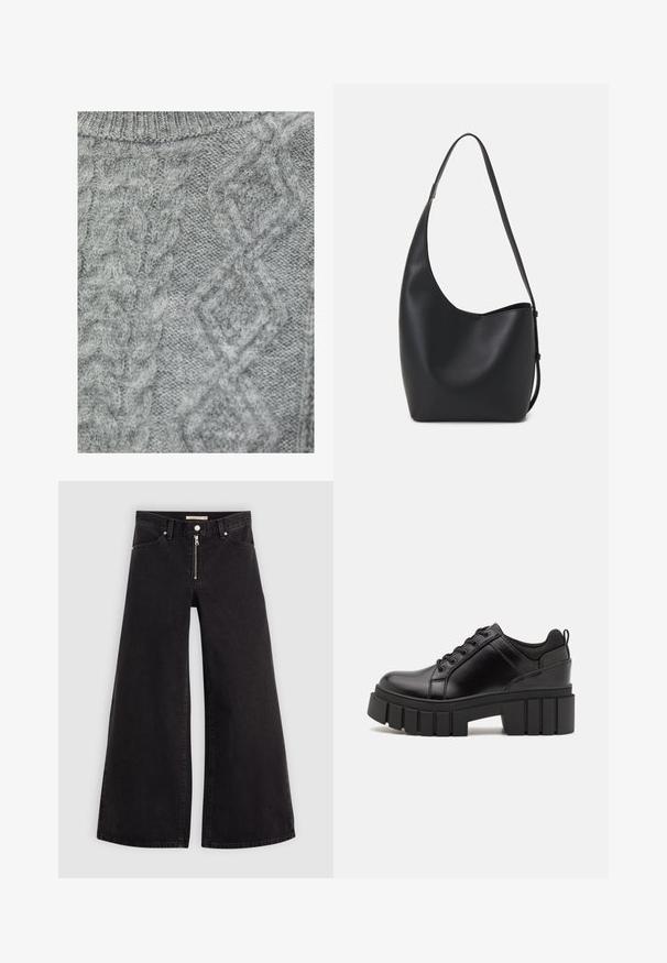 Szary sweter z dzianiny, który cechuje się wzorem w warkocze z diamentowymi kształtami i różnymi fakturami. Okrągły dekolt i miękka, gruba tkanina.; Jeans o szerokich nogawkach w czarnym denienie z zamkiem błyskawicznym z przodu, pięcioma kieszeniami i subtelnymi detalami przeszycia. Gładka tekstura i swobodny styl.; Czarne skórzane buty na platformie z masywnym słupkowym obcasem, okrągłym noskiem i klasycznym sznurowaniem. Posiadają gładką teksturę i minimalne wykończenia.; Czarna skórzana torba hobo o gładkiej fakturze, zaokrąglonym kształcie i pojedynczym, regulowanym pasku; posiada szerokie otwarcie na górze.