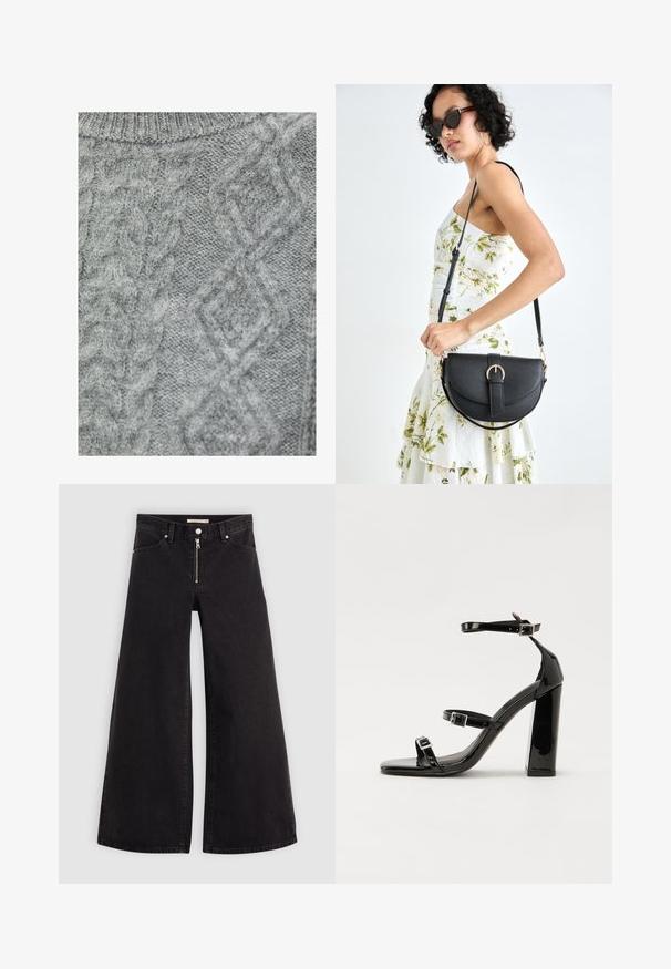 Szary sweter z dzianiny, który cechuje się wzorem w warkocze z diamentowymi kształtami i różnymi fakturami. Okrągły dekolt i miękka, gruba tkanina.; Jeans o szerokich nogawkach w czarnym denienie z zamkiem błyskawicznym z przodu, pięcioma kieszeniami i subtelnymi detalami przeszycia. Gładka tekstura i swobodny styl.; Czarne lakierowane sandały na obcasie z kwadratowym noskiem, z paskami wokół kostki i srebrnymi klamrami. Posiadają masywny słupek dla stabilności.; Czarna skórzana torebka o zakrzywionym kształcie, z odpinanym paskiem i złotymi akcentami. Torebka posiada klapę z zapięciem w kształcie klamry.