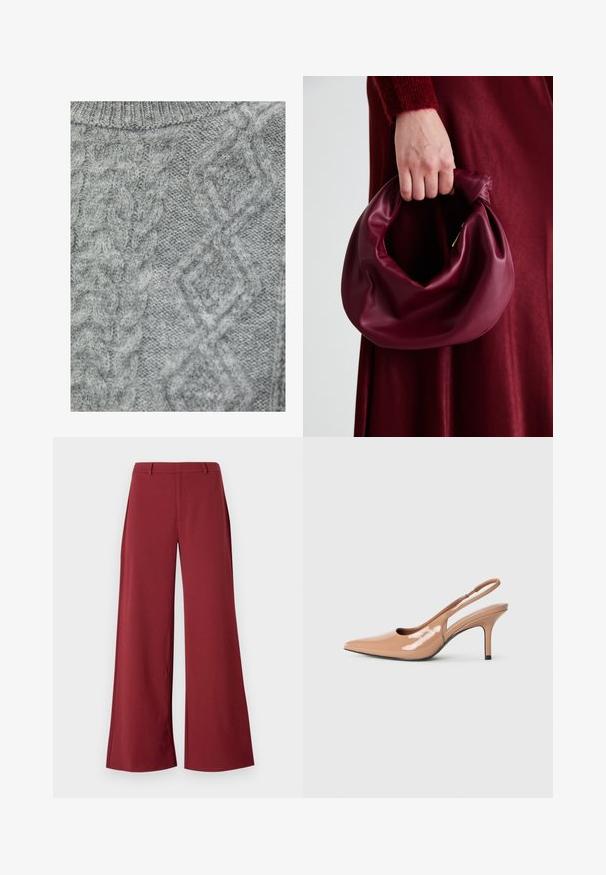Grauer Strickpullover mit einem Zopfstrickmuster, das rautenförmige und unterschiedliche Texturen aufweist. Rundhalsausschnitt und weicher, dicker Stoff.; Weite Hosen in einem tiefen Burgunderfarbton. Hergestellt aus einem glatten, dehnbaren Stoff mit taillierten Nähten und einem Reißverschluss auf der Vorderseite.; Nude Lackleder Slingback-Pumps mit spitzem Zeh, offener Seitenpartie und 7 cm Stiletto-Absatz. Schwarzer Akzent an der Fersenbasis.; Burgunderleder-Handtasche mit einem weichen, gerafften Design und einer gerundeten Form. Der Griff ist gesichert und zeigt eine glatte Textur.
