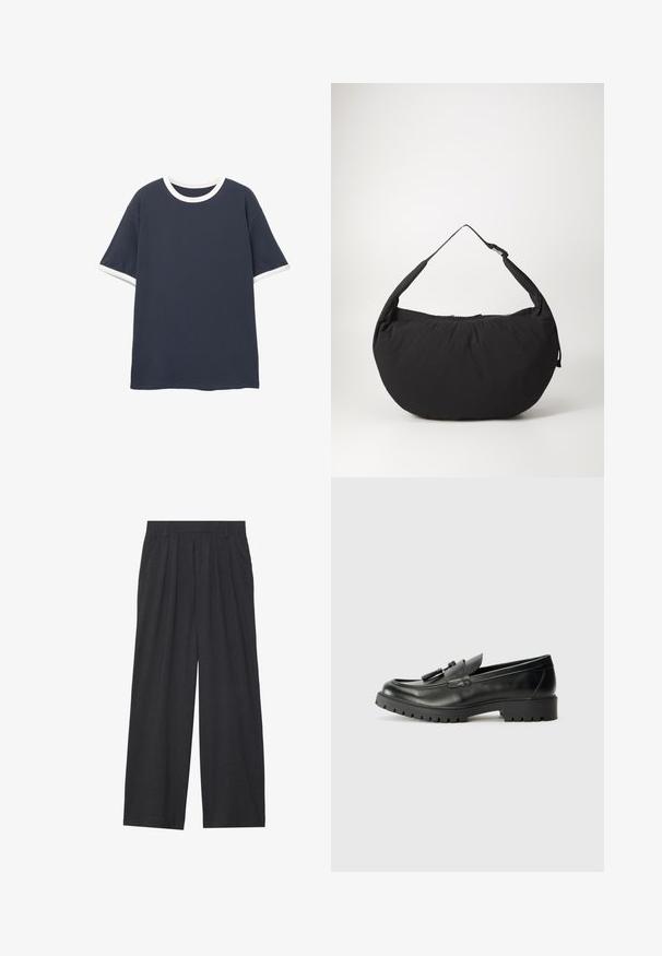 Granatowa koszulka z krótkim rękawem z białą, okrągłą dekoltem i mankietami. Wykonana z gładkiego materiału, o luźnym kroju.; Szerokie spodnie wykonane z ciemnoszarego materiału. Posiadają pliski w talii, dopasowany krój oraz prostą sylwetkę.; Czarne skórzane loafersy z zaokrąglonym noskiem, wyraźnym przeszyciem i teksturowaną gumową podeszwą. Zawierają dekoracyjną metaloplastykę na wierzchu.; Czarna torebka na ramię o zaokrąglonym kształcie, z pojedynczym paskiem i zamknięciem na zamek. Miękka faktura, minimalistyczny design.