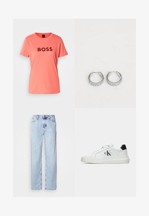Κοραλλί μπλουζάκι με στάμπα 'BOSS' σε έντονες μαύρες γράμματα στο μπροστινό μέρος. Απλή λαιμόκοψη και κοντά μανίκια.; Ανοιχτό μπλε παντελόνια με φαρδύ καβάλι από τζην, με υψηλή μέση, ξεθωριασμένο πλύσιμο και διακριτό σχέδιο tie-dye μπροστά.; Λευκό αθλητικό παπούτσι χαμηλού προφίλ με μαύρη ταμπέλα στη φτέρνα, πλατφόρμα, κορδόνια και λογότυπο "CK" της Calvin Klein στο πλάι.; Ασημένια σκουλαρίκια κρίκοι με υφή που διαθέτει κατακόρυφες ραβδώσεις. Κυκλικός σχηματισμός με ασφαλές κλείσιμο. Λείος φινίρισμα.