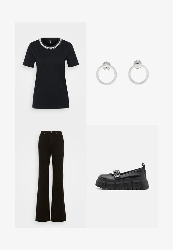 Sort kortærmet t-shirt med en dekorativ perlekant. Fremstillet af blødt stof med en standard pasform og rund kant.; Høj talje sorte flare jeans lavet af denim, med knaplukning, sidelommer og en glat tekstur.; Sorte platform loafers med rund tå, glat læderoverdel, justerbar spænde og tekstureret gummisål med horisontale riller.; Sølvmetalløreringe med en børstet tekstur, der har et cirkulært design og en klar post til sikker bæring.