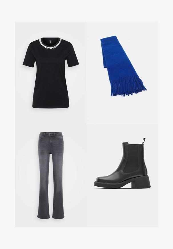 Must have lühikese varrukaga must T-särk, millel on dekoratiivne helmekrae. Valmistatud pehmest kangast, tavalise lõikega ja ümarate äärtega.; Hall on denimist valmistatud hallid flared teksad, millel on kõrge vöökoht, viis taskut ja nööpide sulgemine. Sile tekstuur, millel on peened tuhmumisdetailid.; Mustad nahast ankle boots elastsete külgpaneelidega, ümar varvas ja paks plokk kõrgus. Sile tekstuur ja minimalistlik disain.; Sinine kudumisega sall, millel on soonilised otstes, sile tekstuur, ristküliku kujuga ja ühtlane värv kogu ulatuses. Sobib külmade ilmade jaoks.