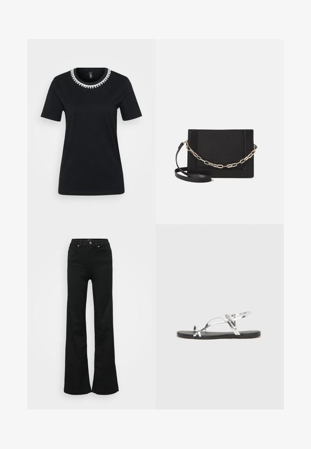 Must have lühikese varrukaga must T-särk, millel on dekoratiivne helmekrae. Valmistatud pehmest kangast, tavalise lõikega ja ümarate äärtega.; Mustad laiad teksapüksid, valmistatud denimist, kõrge vöökoht, viis taskut ja metallist nööpkinnitus. Sujuv tekstuur väheste detailidega.; Hõbedased metallilised sandaalid minimalistliku disainiga, millel on õhukesed rihmad ja must lamellõhk. Tunnusjoonte hulka kuuluvad risti asetatud rihmad.; Mustast nahast õlakott, mis omab siledat tekstuuri, ristküliku kuju ning esiküljel metallketi detaili. Reguleeritav rihm on kaasas.