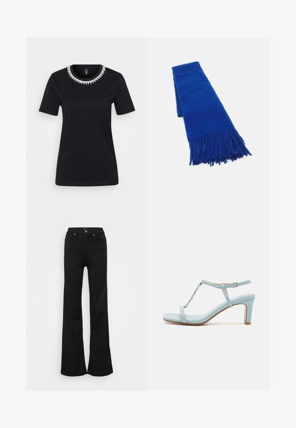 Črna majica s kratkimi rokavi z okrasnim ovratnikom iz perlic. Narejena iz mehkega materiala, standardne prilegajoče se oblike in okroglim robom.; Črne razširjene kavbojke iz denima, z visokim pasom, petimi žepi in kovinskim gumbom za zapiranje. Gladka tekstura z minimalnimi detajli.; Svijetloplave sandale s visokom petom i remenom oko gležnja, sa kvadratnim vrhom, koji imaju metalik akcent i glatku, glatku kožnu teksturu.; Modra tkana šal s resicami na koncih, gladka tekstura, pravokotna oblika in enotna barva po celotni dolžini. Primeren za hladno vreme.