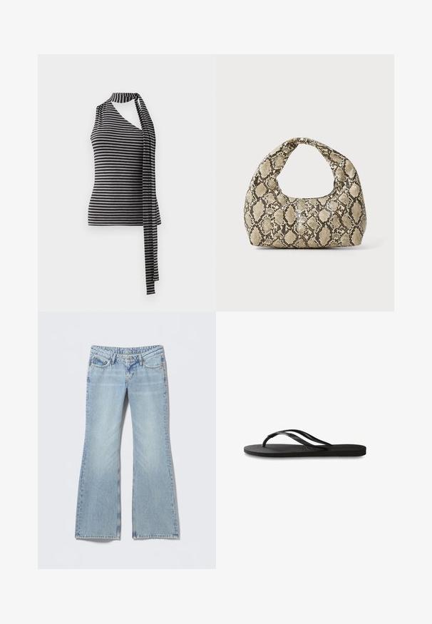 Top sans manches rayé noir et gris avec un encolure asymétrique et un long détail de cravate drapée d'un côté. Fabriqué en tissu doux.; Jean évasé bleu clair avec une finition délavée, design à cinq poches et surpiqûres contrastées. Denim en coton avec une texture lisse.; Tongs noires avec une semelle en caoutchouc texturée, deux fines lanières et un détail de logo embossé subtil sur la lanière.; Sac à main en motif serpent avec une poignée incurvée. Fabriqué à partir de matériaux texturés beiges et bruns, présentant un motif en diamant distinctif.