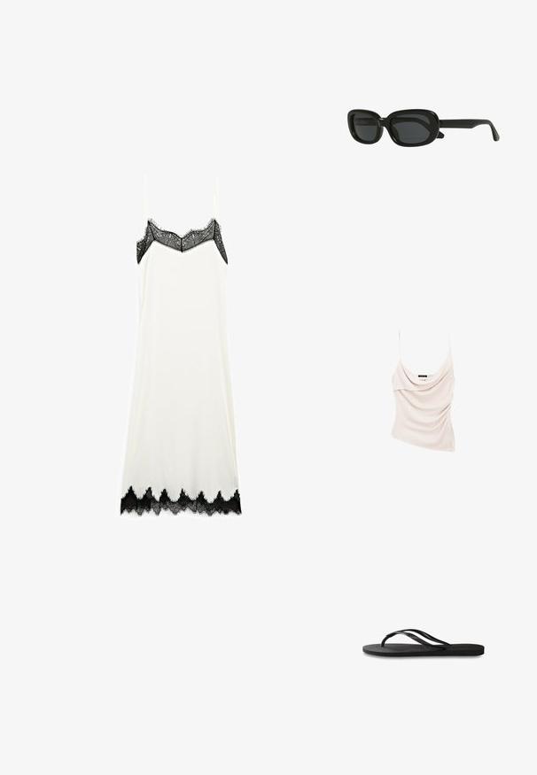 Lys beige tanktop med cowl-neck og tynde stropper, der har draperet stof for et tekstureret udseende og en tætsiddende silhuet.; Hvid glidende kjole med delikate sorte blonde detaljer ved udskæringen og kanten, med tynde stropper og en glat tekstur.; Sorte flip-flop med en tekstureret gummisål, to slanke stropper og et subtilt, præget logodetalje på stroppen.; Sorte rektangulære solbriller med en tyk ramme, mørkt tonede linser og et slankt design. Bøjlerne har en glat finish.; Sort læderhåndtaske med en buet form, der har en fremtrædende gul oval lukning, justerbar skulderrem og minimalistisk design.