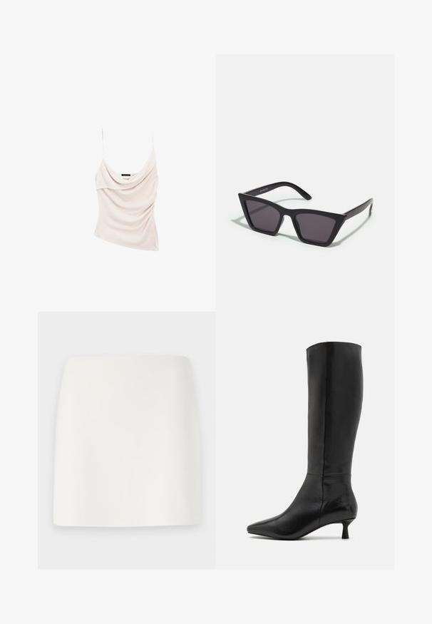 Lichtbeige top met een cowl-neck en dunne bandjes, met gedrapeerd materiaal voor een textuur en een aansluitende pasvorm.; Witte, getailleerde mini-jurk met een gladde textuur en strakke lijnen. Geen zichtbare patronen of hardware. Rechte zoom aan de onderkant.; Zign Laarzen - black; Zwarte, hoekige zonnebril met grijze lenzen; gemaakt van plastic, met dikke armen met een gladde oppervlakte en zonder zichtbare hardware.