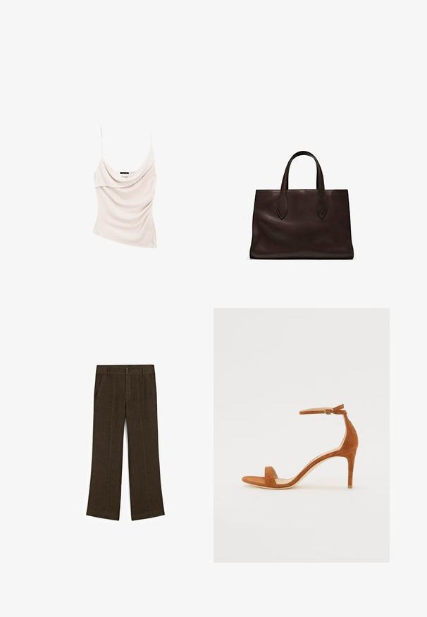 Light beige cowl-neck tank top with thin straps, featuring draped fabric for a textured appearance and a fitted silhouette.; Brown linen trousers with a relaxed fit, featuring a zip fly, button closure, and two front pockets. Texture appears lightweight and breathable.; Brown suede high-heeled sandal featuring a thin ankle strap with a gold buckle, open toe, and a sleek, minimalist design.; Brown leather tote bag with two elongated handles, structured rectangular shape, smooth texture, and subtle stitching details.