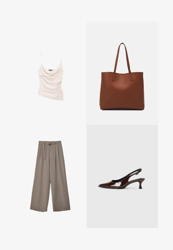 Top in maglia beige chiaro con collo a cowl e spalline sottili, caratterizzato da un tessuto drappeggiato per un aspetto testurizzato e una siluetta aderente.; Pantaloni a gamba larga in un morbido tessuto grigio tenue, con vita con cintura e pieghe per un tocco di design aggiuntivo. Texture liscia, senza motivi.; Scarpa slingback in pelle verniciata marrone con punta affusolata e tacco moderato. Presenta una fascia con fibbia per una calzata sicura. Tessuto liscio.; Borsa tote in pelle marrone con texture liscia, design con apertura superiore e due spallacci. Presenta cuciture minime e nessun hardware visibile.