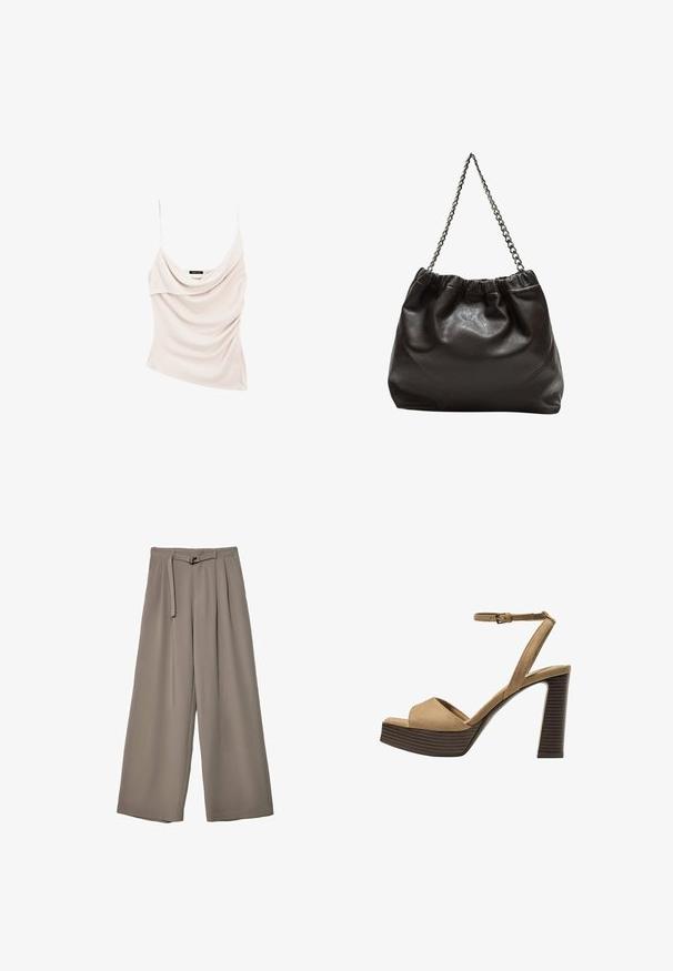 Lichtbeige top met een cowl-neck en dunne bandjes, met gedrapeerd materiaal voor een textuur en een aansluitende pasvorm.; Wijd nietenbroeken van een zachte, gedempte grijze stof, met een ceintuur in de taille en plooien voor extra ontwerpelementen. Gladde textuur, geen patronen.; Beige suède hoge hakken sandalen met een brede voorband en enkelband, met een dikke houten blokhak met een gestructureerde afwerking.; Bruine leren tas met een geplooide bovenkant en een kettinghengsel. Glad textuur met een glanzende afwerking en subtiele naaddetails aan de zijkanten.