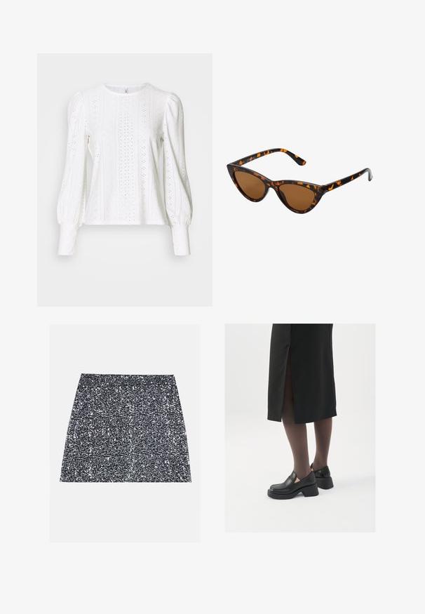 Top de manga larga blanco hecho de una tela con aspecto de encaje, con patrones recortados, escote redondeado y mangas voluminosas que se ciñen en el puño.; Minifalda plateada con lentejuelas que presenta un patrón texturizado y un corte recto. La tela parece brillante y reflectante.; Zapatos de piel negra con punta redondeada, tacón grueso y bloque, y acentos elásticos en los laterales, combinados con unos pantys oscuros y una falda negra con una abertura.; Gafas de sol estilo ojo de gato con montura de carey negra y naranja, lentes marrones y puntas elegantes y afiladas. Presenta un logo minimalista en la patilla.; Pendientes de aro plateados con un diseño minimalista. Forma circular, textura suave y perfil delgado. Livianos con un acabado pulido.