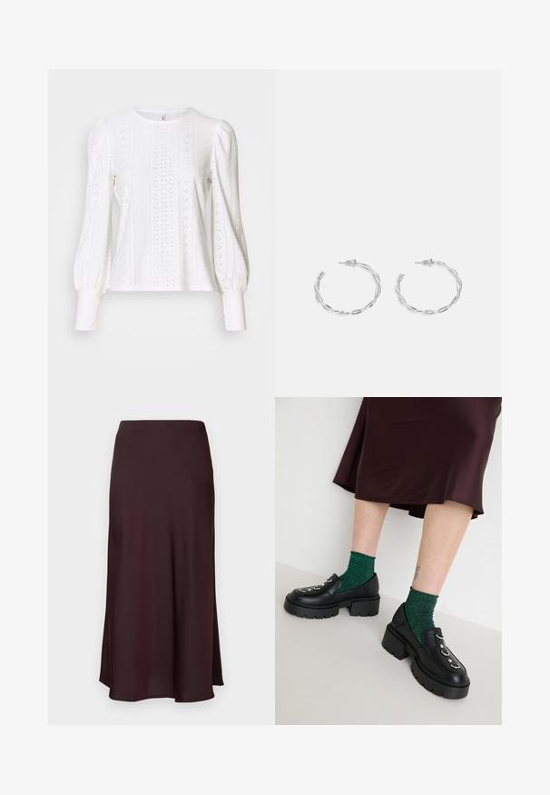 Long-sleeve white top made of lace-like fabric with cut-out patterns, rounded neckline, and voluminous sleeves tapering at the cuff.; Burgundy satin midi skirt with a smooth texture, a straight fit, and a slightly flared hem. No visible patterns or hardware details.; Black leather loafers with chunky soles, silver hardware accents, and green glittery socks. The skirt is dark burgundy and floor-length.; Silver hoop earrings with a twisted design, featuring a polished finish and post-back closure. Measure approximately 3 cm in diameter.