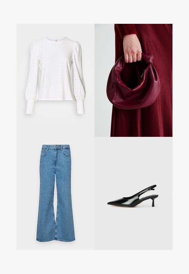 Ilga rankovė balta palaidinė pagaminta iš nėriniams panašaus audinio su išpjovomis, apvaliu iškirpimu ir didelėmis rankovėmis, siaurėjančiomis ties riešu.; Šviesiai mėlynos flared džinsai, pagaminti iš džinsinio audinio, su aukštu liemeniu, penkiomis kišenėmis ir vienu mygtuko užsegimu. Minkštas paviršius su išblukusiu efektu.; Juodi patentinės odos slingback aukštakulniai batai su smailiu svogūnu, plona pakulne ir reguliuojamu sagtimi. Sklandus paviršius su minimaliais dekoratyviais elementais.; Bordo odinė rankinė su minkštu, susiraukšlėjusiu dizainu ir apvalia forma. Rankena yra tvirtai pritvirtinta, atskleidžianti lygią tekstūrą.