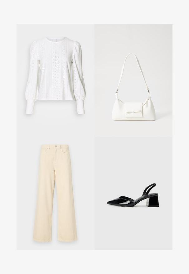 Garšīgu piedurknēm balta blūze, izgatavota no mežģīnēm līdzīga auduma ar izgrieztu rakstu, ar noapaļotu kakla izgriezumu un apjomīgām piedurknēm, kas sašaurinās pie aproces.; Bežīgas platpēdas džinses, izgatavotas no kokvilnas. Iekļauj pogu aizdari, jostas cilpas un priekšējos kabatas ar gludu, mīkstu tekstūru.; Melna lakota āda ar atvērto papēdi, ar smailu purngalu un ģeometrisku blokpapēdi. Iezīmējas elegants, minimāls dizains un gluda tekstūra.; Balta sintētiska soma ar trīsstūrveida formu, plakanu priekšējo vāciņu un loku detaļu, regulējamu siksnu, gludu tekstūru un minimālistisku dizainu.