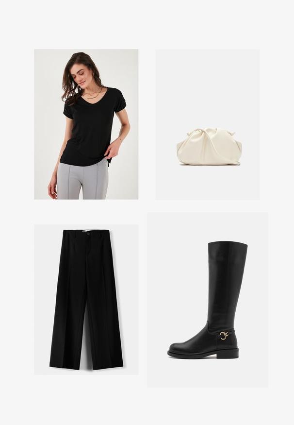 Mustahhirem musta-zaa long-sleeve black V-shaped tshirt fun languza lenyigwe, ibiyaziyobha ni mavesi abhalekele yase zinhlangothini ukuze kuvele uhakanyeke.; Mustat leveälahkeiset housut, jotka on valmistettu kevyestä kankaasta. Housuissa on etunappikiinnitys ja tasainen etuosa, sekä huolellisesti ommellut helmat.; Anna Field Wide Fit Saappaat - black; Kermapunah, tas faux leather lembut dengan desain berkerut, tali yang dapat disesuaikan, dan penutupan tali yang halus. Tekstur mulus dan bentuk bulat.; Hopeakylkiset korvakorut, joissa on pyöristetyt, heijastavat pinnat; minimalistinen muotoilu, jossa on sileä pinta ja hienovarainen brändäysyksityiskohta.