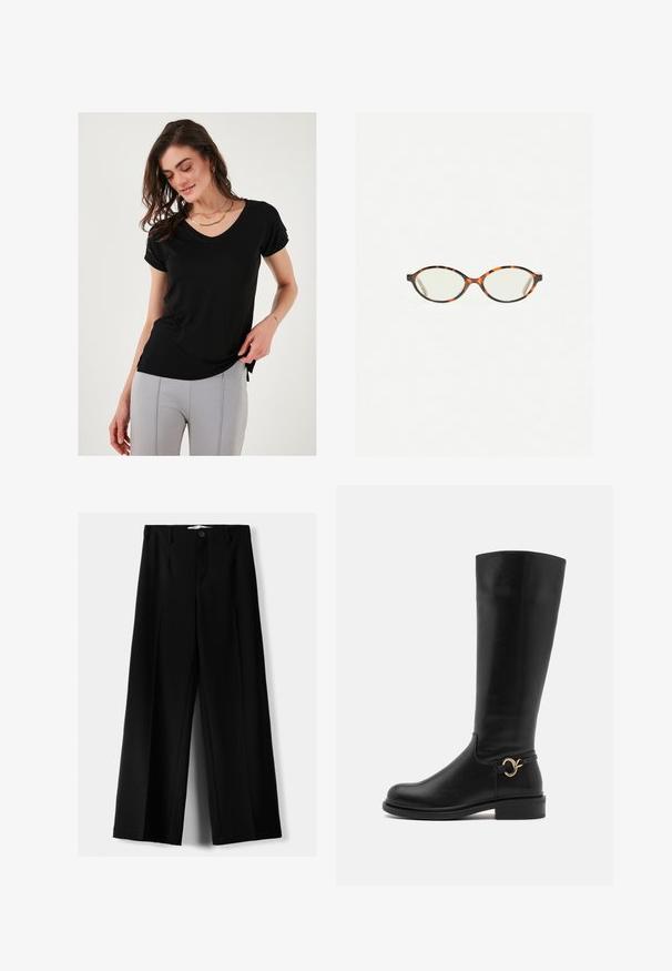 Črna kratka majica s kratkimi rokavi in V-izrezom, izdelana iz mehkega materiala, z zvitimi rokavi in stranskimi razporki za sproščen fit.; Črne široke hlače iz lahkega materiala, z zapiranjem na gumb spredaj in ravnim sprednjim delom, s skrbno zašiti robovi.; Anna Field Wide Fit Škornji - black; Kornjačaste očala z ovalnimi lečami in gladko, sijočo površino. Imajo tanke stranice z rahlim ovinkom na templjih. Prosojne leče.; Krema barve, mehka torba iz umetnega usnja z nabranim dizajnom, nastavljivim ročajem in diskretnim zapiranjem na vrvico. Gladka tekstura in zaobljena oblika.; Srebrne uhane v obliki kapljice z zaobljenimi, odsevnimi površinami; minimalistična zasnova z gladko teksturo in subtilno blagovno znamko.