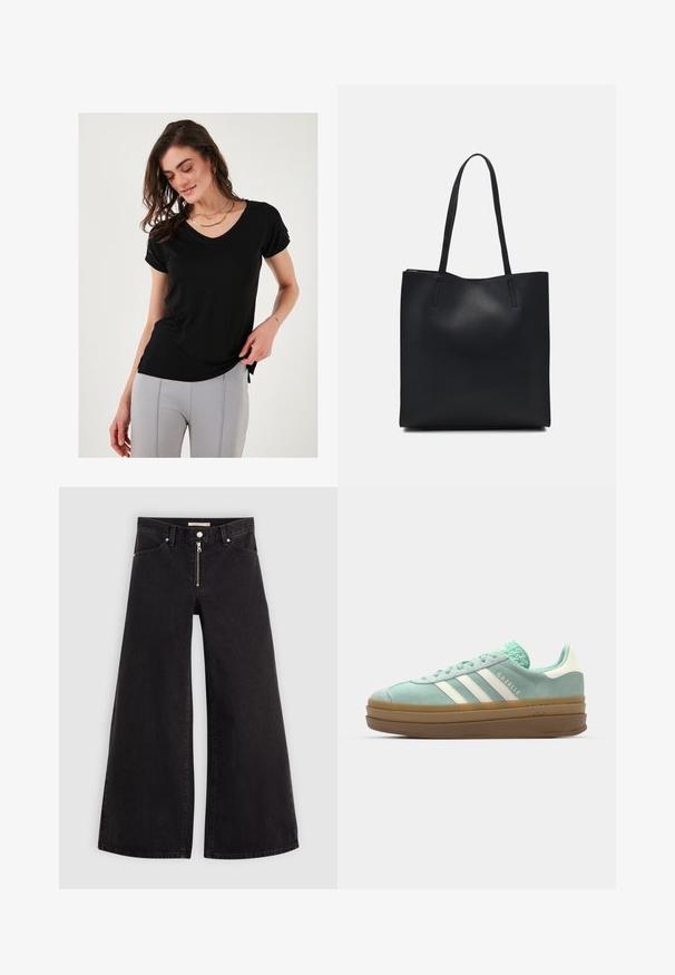 Melns īsajiem piedurknēm V-veida kakla krekls, izgatavots no mīkstas auduma, ar iegrieztiem piedurkņu galiem un sānu šķēlumiem, nodrošinot brīvu piegriezumu.; Platas kājas džinsi melnā džinsa audumā ar rāvējslēdzēju priekšā, piecu kabatu dizains un smalkas šuvju detaļas. Gluda tekstūra un ikdienišķs stils.; adidas Originals GAZELLE BOLD - Sporta apavi - ash green/off white; Melnas ādas somiņa ar gludu tekstūru, taisnstūra formu un divām garām rokturiem. Nav redzamu aparatūras vai rotājumu.