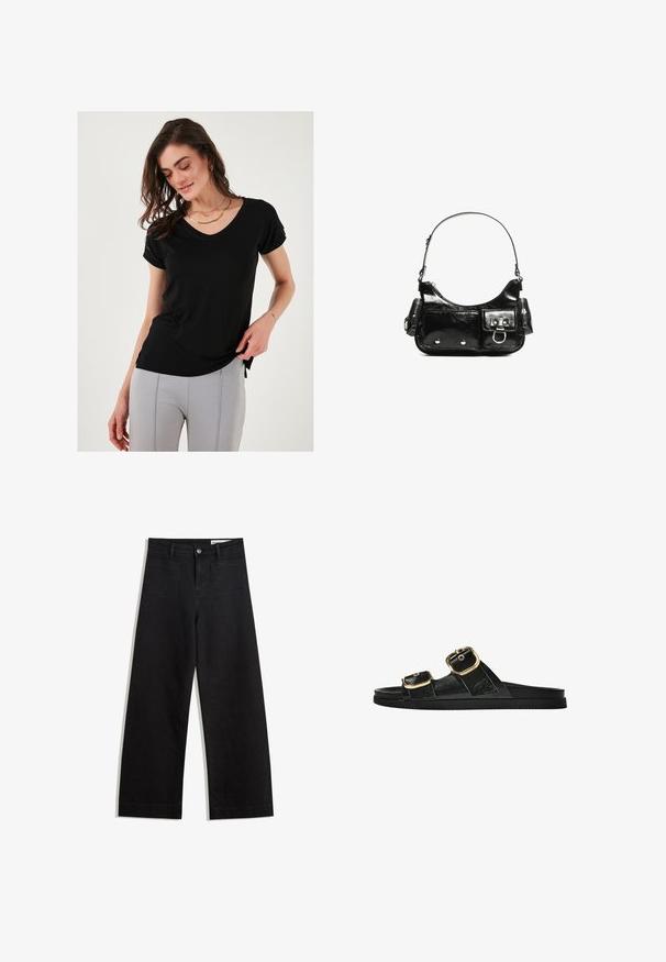 Čierne tričko s krátkym rukávom a výstrihom do V, vyrobené z mäkkého materiálu, s rolovanými rukávmi a bočnými rozparkom pre uvoľnený strih.; Čierne denimové nohavice s širokými nohavicami a vysokým pásom, so prednými a zadnými vreckami, šitými švami a zapínaním na gombík. Hladká textúra.; Čierne šľapky s dvoma zlatými prackami, hladký textúrovaný materiál, plochá podrážka a minimalistický dizajn.; Čierna laková kožená kabelka s ohnutým tvarom, jedným ramenným popruhom, prednými vreckami a striebornými kovovými doplnkami.