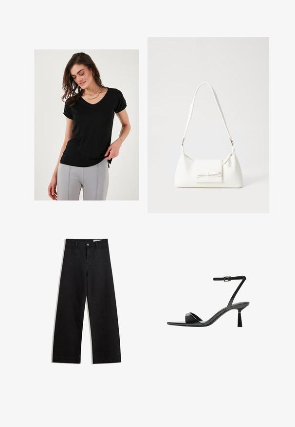 Tricou negru cu mânecă scurtă și decolteu în V, realizat dintr-un material moale, având mâneci răsucite și fante laterale pentru un fit lejer.; Pantaloni din denim negri cu picioare largi, cu talie înaltă, având buzunare frontale și posterioare, cusături dublate și închidere cu nasture. Textură netedă.; Bershka Sandale cu toc - black; Geantă sintetică albă, cu formă triangulară, capac frontal plat și detaliu cu fundă, curea ajustabilă, textură netedă și design minimalist.