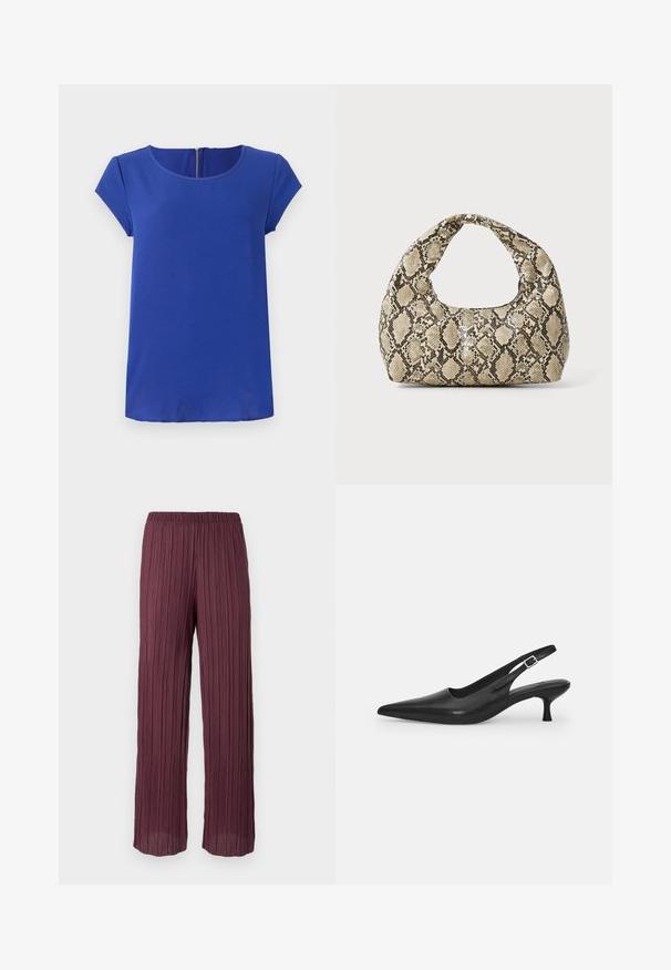 Haut court à manches courtes en tissu lisse. Doté d'un col rond et d'une fermeture éclair dissimulée à l'arrière. Ourlet droit.; Pantalons plissés en bordeaux profond avec une taille élastique, présentant un design fluide à jambes larges et des plis verticaux sur l'ensemble.; Chaussure slingback en cuir noir avec un bout pointu et un talon fin et incurvé. Dispose d'une sangle ajustable discrète avec une boucle en métal.; Sac à main en motif serpent avec une poignée incurvée. Fabriqué à partir de matériaux texturés beiges et bruns, présentant un motif en diamant distinctif.