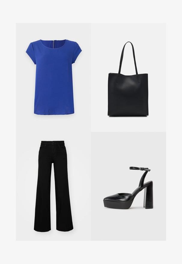 Haut court à manches courtes en tissu lisse. Doté d'un col rond et d'une fermeture éclair dissimulée à l'arrière. Ourlet droit.; Pantalons large en denim noir, dotés d'une taille structurée, de passants de ceinture et de poches avant. Texture lisse avec un design classique.; Escarpins noirs à plateforme avec un bout pointu et une sangle réglable à la cheville. Conçus en cuir lisse, avec un large talon bloc.; Sac fourre-tout en cuir noir avec une texture lisse, de forme rectangulaire et deux longues poignées. Pas de matériel ou d'ornementations visibles.