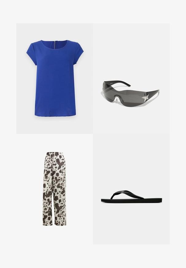 Sininen lyhythihainen paita, joka on valmistettu sileästä kankaasta. Siinä on pyöreä pääntie ja piilotettu vetoketju takana. Suora helma.; adidas Originals COW PRINT SATIN WIDE LEG - Verryttelyhousut - multicolor off white; Musta kumisaapas sandaali, jossa on teksturoitu thong-hihna ja yksinkertainen litteä pohja, esitetty sivustolta vaalealla taustalla.; Musta aurinkolasit, joissa on ympäröivä muotoilu, tummat tummennuslinssit, kiiltävät tähtimuotoiset koristeet ja säädettävät nenätyynyt.