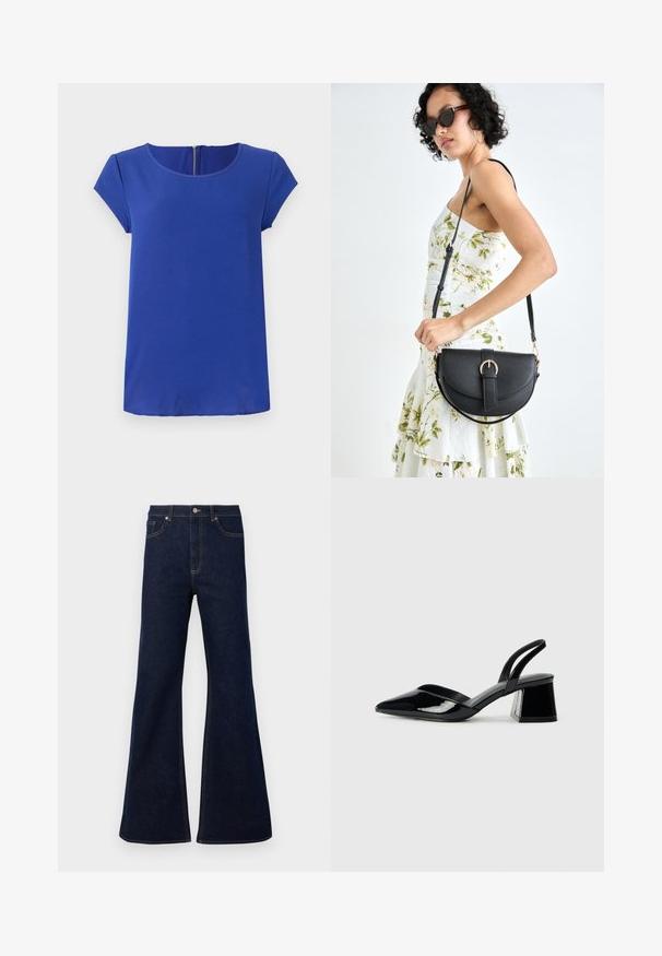 Plavi kratki rukav majica napravljena od glatke tkanine. Ima okrugli izrez i skrivenu munju na leđima. Ravni rub.; Tamno plave traperice širokih nogavica s visokim strukom, prednjim džepovima i zlatnim šavovima. Glatka tekstura s tradicionalnim krojem.; Crne lakirane kožne sandale s otvorenom petom i špicastim vrhom, s geometrijskom blok petom. Imaju elegantan, minimalistički dizajn i glatku teksturu.; Crna kožna torba s lukovitim oblikom, odvojivim remenom i zlatnim detaljima. Torba ima preklop s kopčom.