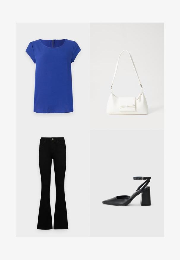 Blå kortærmet top lavet af glat stof. Har en rund halsudskæring og en skjult lynlås bagpå. Lige kant.; Sorte højtaljede jeans med knap- og lynlåslukning, forlommer og flagrende ben, lagt fladt på en hvid baggrund.; Sort læder spidse pumps med ankelrem og en chunky hæl. Flad tekstur, slankt design og minimalistisk æstetik.; Hvid syntetisk håndtaske med en trekantet form, flad forsideklap og sløjfedetalje, justerbar strop, glat tekstur og minimalistisk design.