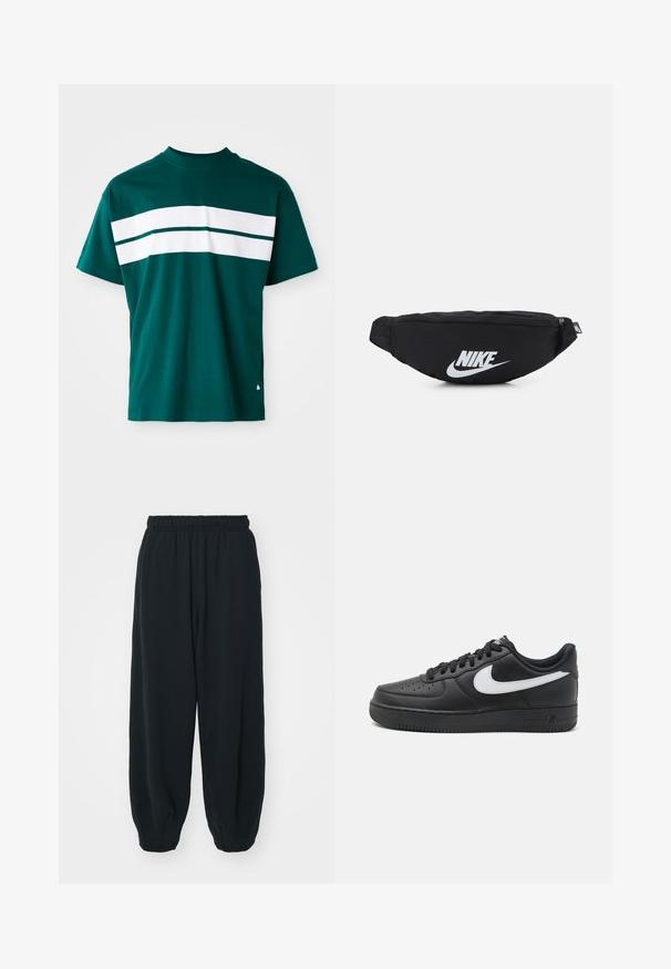 Τιρκουάζ βαμβακερή μπλούζα με στρογγυλή λαιμόκοψη, κοντά μανίκια και οριζόντιες λευκές ρίγες στο στήθος. Ελαφρώς χαλαρή γραμμή.; Μαύρες, φόρμες με ελαστική μέση και χαλαρή εφαρμογή, με ρεβέρ στους αστραγάλους, λεία υφή και χωρίς ορατά μοτίβα ή αξεσουάρ.; Μαύρα παπούτσια Nike Air Force 1 με λείο δέρμα στο επάνω μέρος, λευκή λεπτομέρεια λογότυπου, τρυπητή μύτη και υφασμάτινη σόλα από καουτσούκ.; Μαύρη νάιλον τσάντα μέσης με κλείσιμο φερμουάρ, διαθέτει μεγάλο λευκό λογότυπο Nike. Λείος υφή και εργονομικός σχεδιασμός για άνετη χρήση.